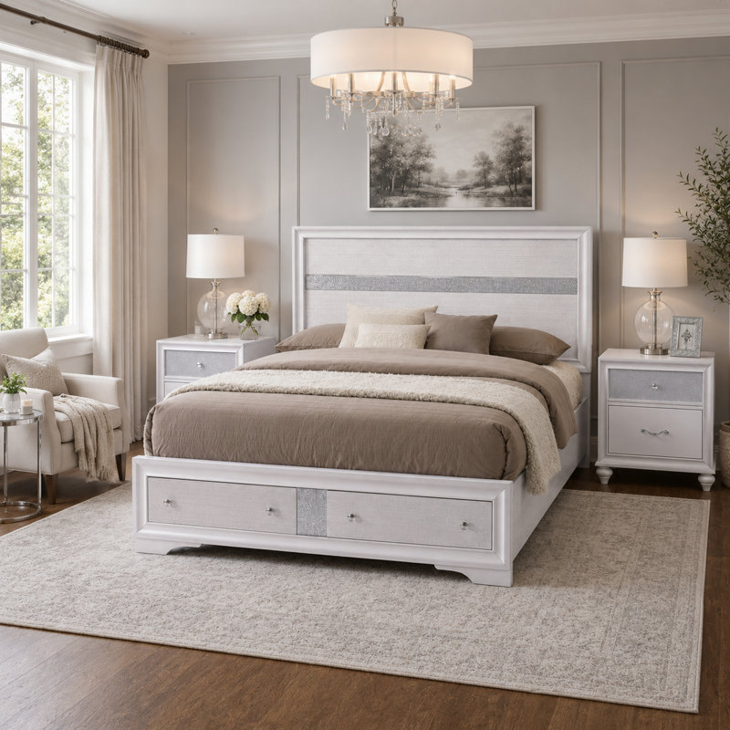 Ensemble de chambre pour très grand lit, en bois blanc, ensemble de 3 pièces avec 2 tables de chevet