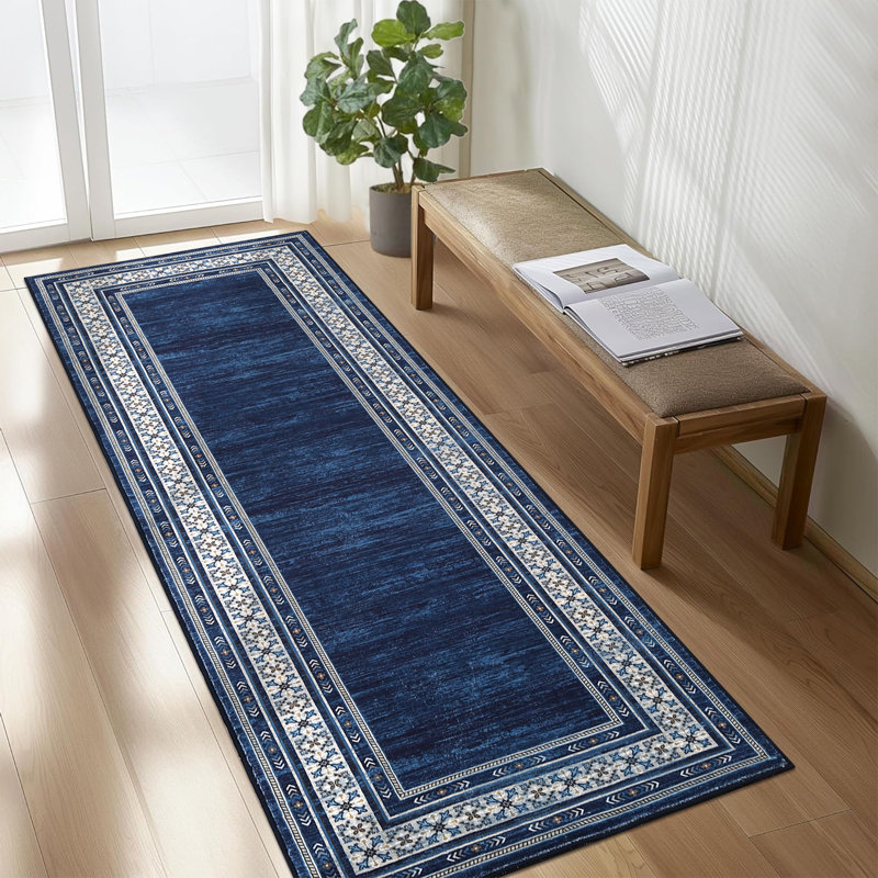 Washable Area Rug Modern Bordered Rug Non Slip Floor CarpetNon Shedding Neutral Rugs for Kitchen Bedroom Living Room, Navy