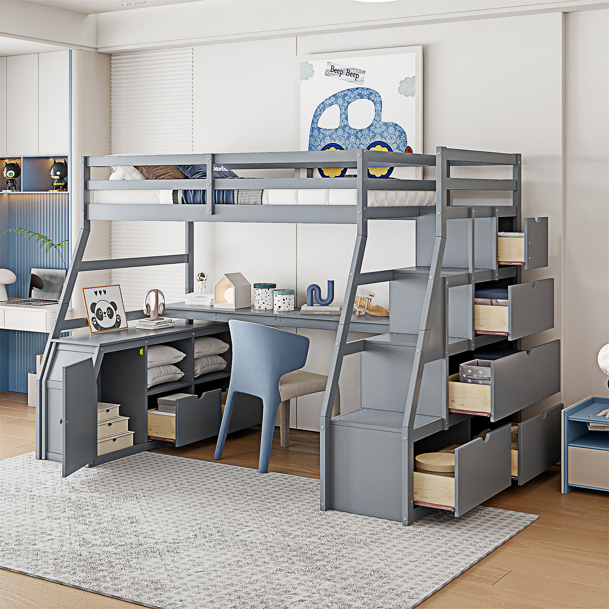 Harriet Bee Full Size Loft Bed With 7 Drawers 2 Shelves And Desk | Wayfair