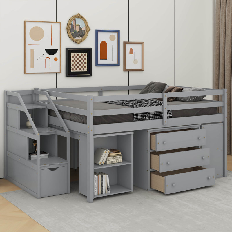 Lit mezzanine double avec bureau d'écriture rétractable et 3 tiroirs, Gris