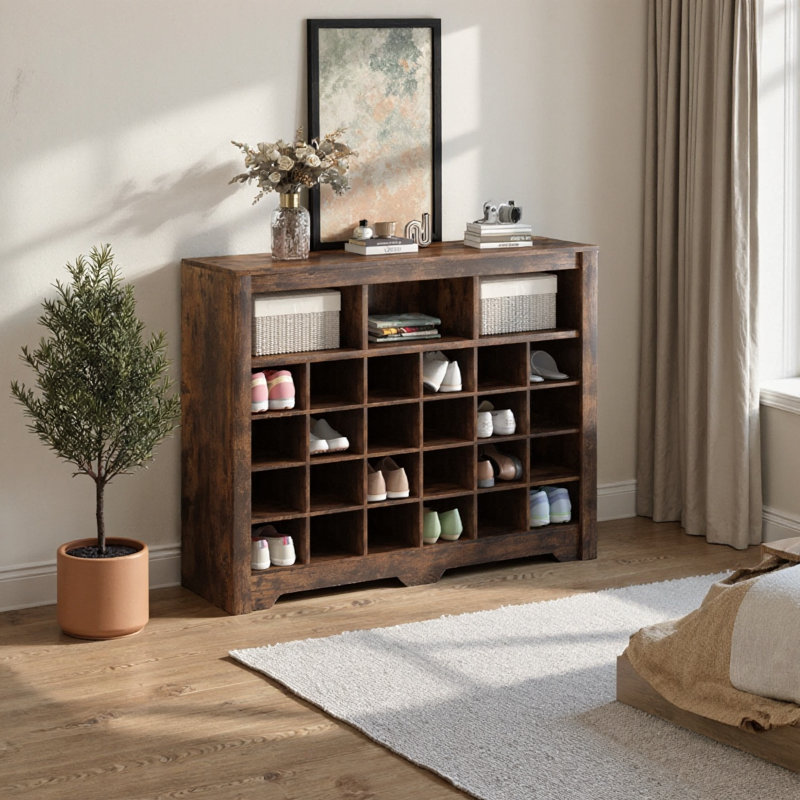 Armoire à chaussures pour 24 casiers avec rangement courbé et base polyvalente, Brun rustique
