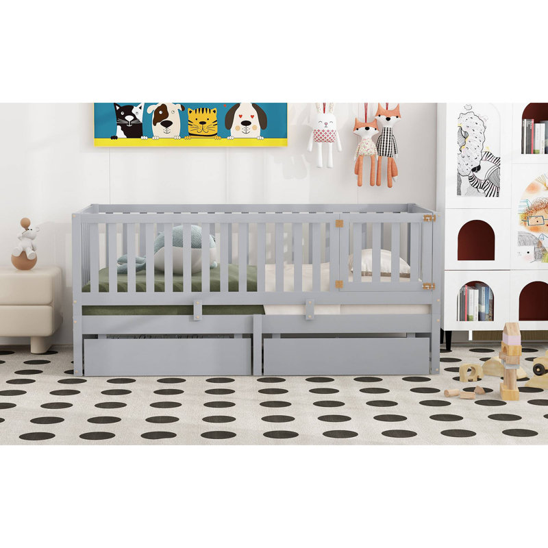 Wood Daybed With Fence Guardrails And 2 Drawers, Split Into Independent Floor Bed With Daybed, Gray, Twin