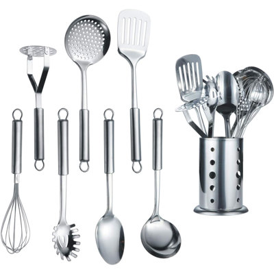 Cooking Utensil Set 8 Piece, Stainless Steel Kitchen Tool Set With Stand,Cooking Utensils, Slotted Tuner, Ladle, Skimmer, Serving Spoon, Pasta Server,Potato Maseher, Egg Whisk. (8 Pieces)