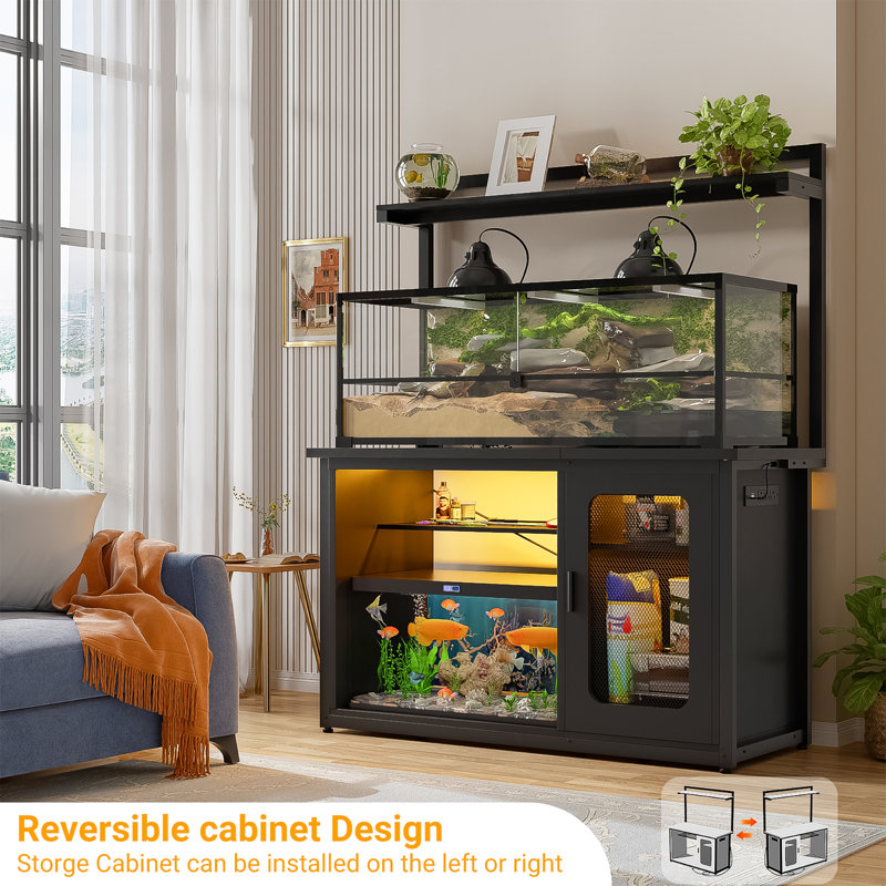 Black Metal 55-75 Gallon Fish Tank Stand with Cabinet and Shelves