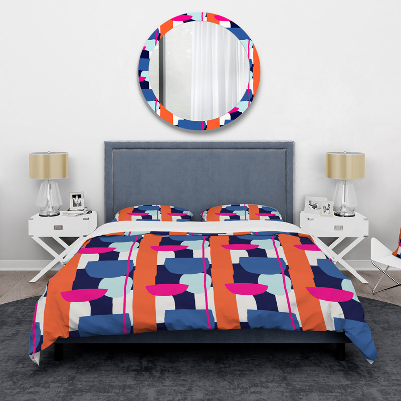 Orange orange, bleu et noir - Ensemble de housse de couette moderne Mid-Century - Microfibre de polyester
