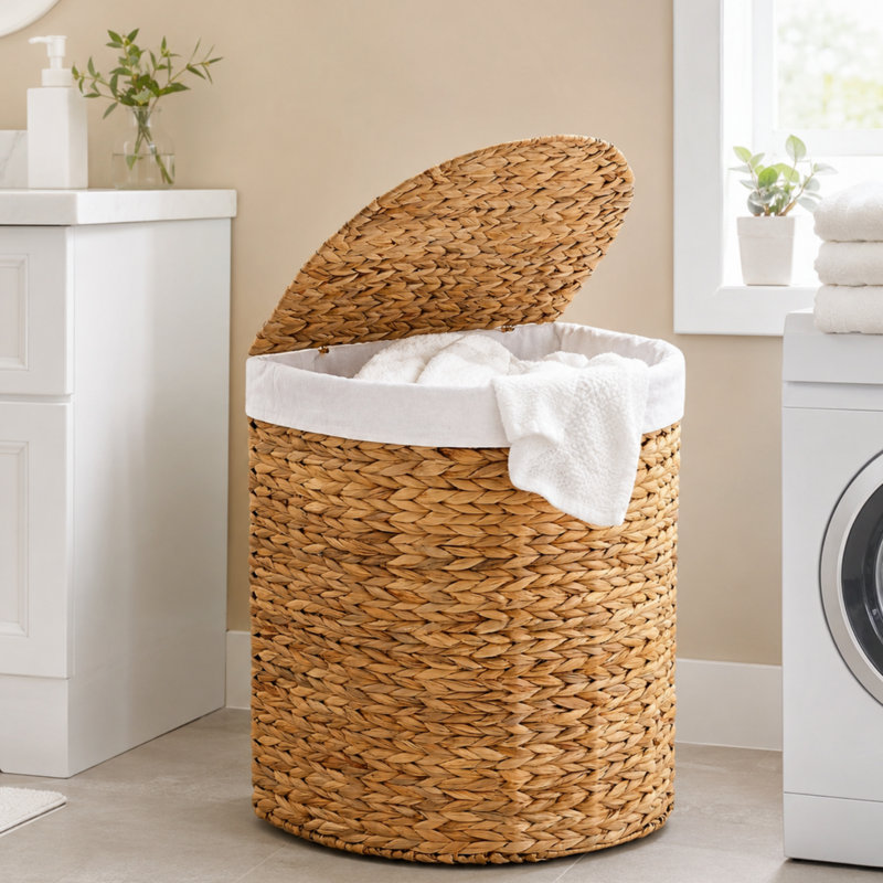 Panier à linge demi-rond avec couvercle et poignées, panier à linge demi-lune, avec doublure amovible, Naturel