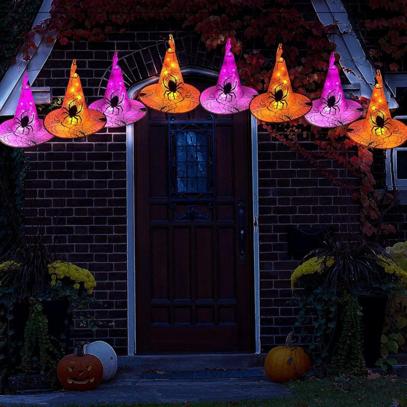 Chapeaux de sorcière suspendus illuminés de 8 pièces d'Halloween, télécommande avec 8 modes d'éclairage illuminant les guirlandes d'Halloween de 14 pi, pour la cour intérieure, la pelouse et les fêtes