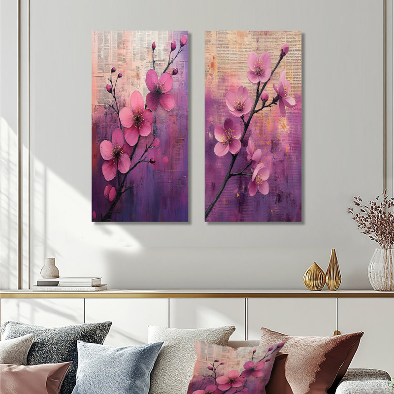 «Mauve printemps éveillé accentué d'or I - fleur de cerisier», impression murale 2 panneaux, 32" H x 32" W