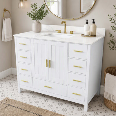 Ensemble de meuble-lavabo moderne en bois massif de 42 pouces avec lavabo, comptoir en quartz blanc Carrara de 43 pouces avec 3 trous de robinet pré-percés, 2 portes doubles à fermeture douce ainsi que 9 tiroirs spacieux avec glissières pleine extension, finition blanche