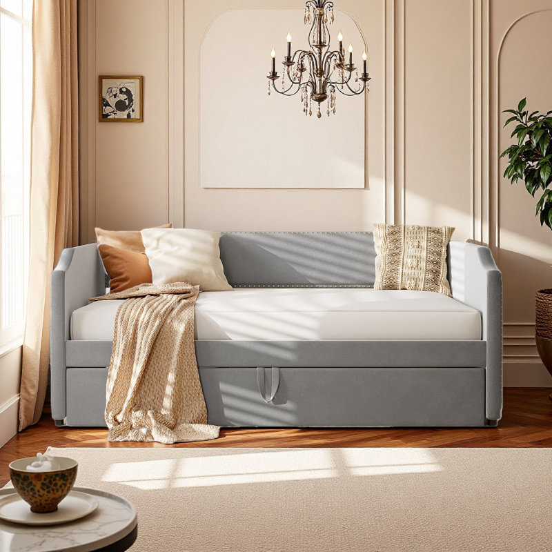 Upholstered Daybed With Lift-Up Trundle Bed, Gray