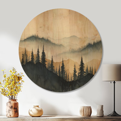 Golden Mist Pine Forest VII - Mountains Round Wall Art, Printed on Wood