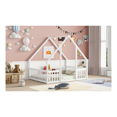 Full Wood House-Shaped Floor Bed With Fence, Guardrails,White