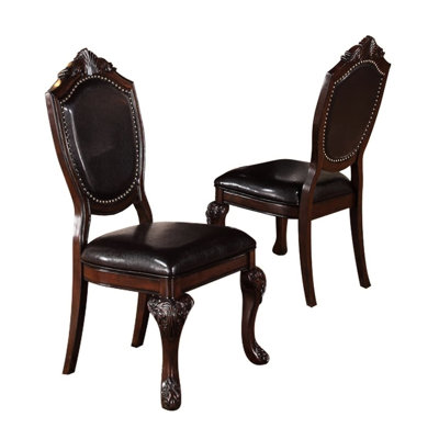 Luxury Dining Chairs Of 2, Brown Rubberwood With Faux Leather Seat And Intricate Synthesis Room Chairs, 2 In Dark Upholstery Glamour