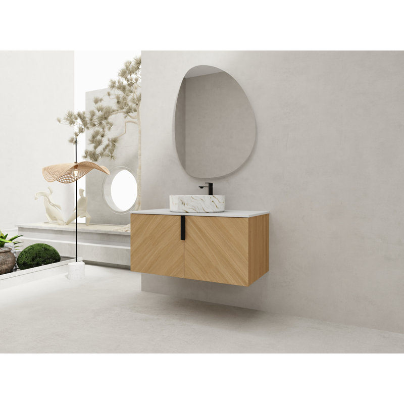 Meuble-lavabo de 36 po avec lavabo d'art en céramique et dalle de pierre artificielle, porte à fermeture en douceur, montage mural, contreplaqué (emballage KD)