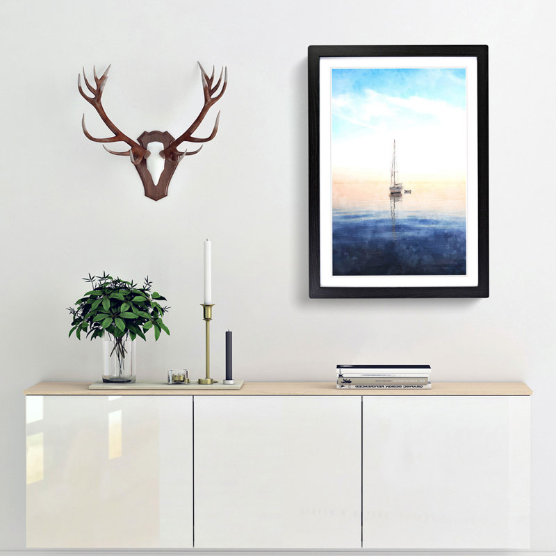 Lone Sailboat - Framed Print, 33cm H x 24cm W x 2cm D, Black Framed