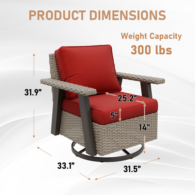 Ensemble de chaises berçantes pivotantes d'extérieur, ensemble de chaises de patio en rotin et osier à 360 °, Rouge