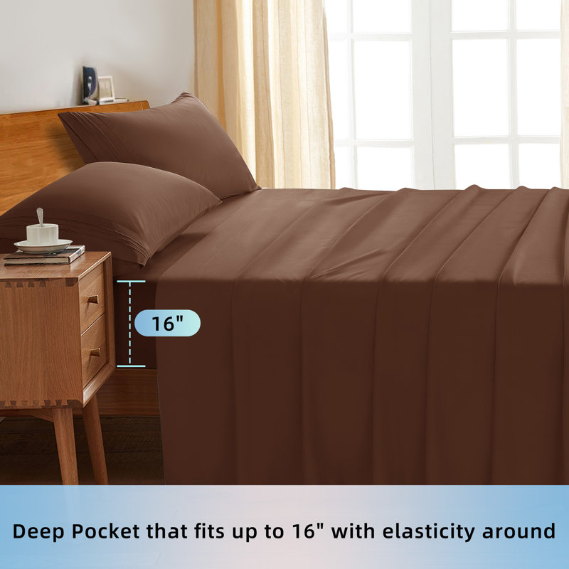 Microfiber Sheet Sets 4 Pieces, CalKing SheetSet 1FittedSheet & 2KingPillowcase, Brown