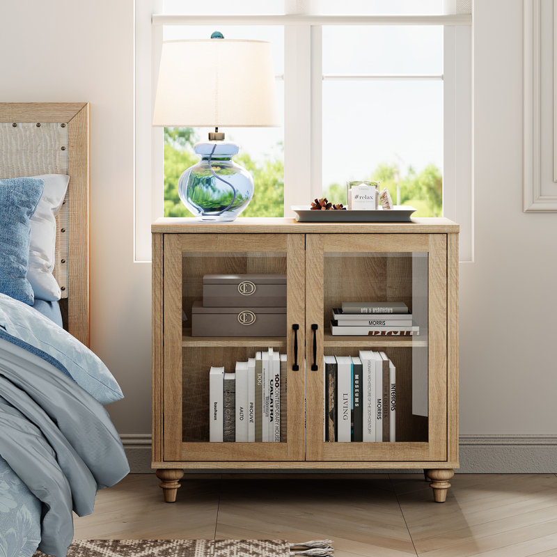 Nightstand For Bedroom With Glass Doors, Mid Century Modern Wooden Closet Storage Organizer, Individual, Oak/Oak