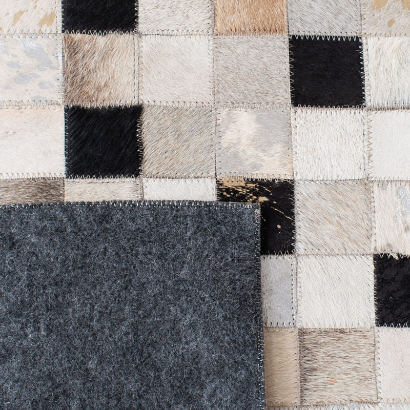 Herren Hand Woven Leather/Felted Cloth Geometric Rug in Ivory/Black, Runner 2'3" x 7'