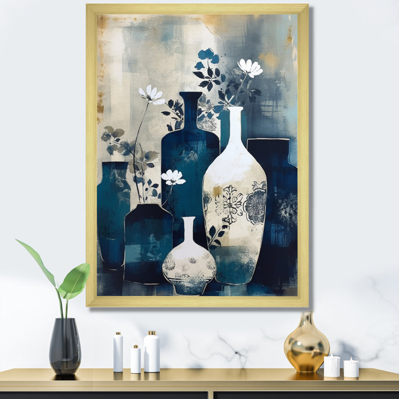Art mural bleu et crème fantaisiste en argile II - Boho Pottery, H 20 po x l 12 po, Cadre doré