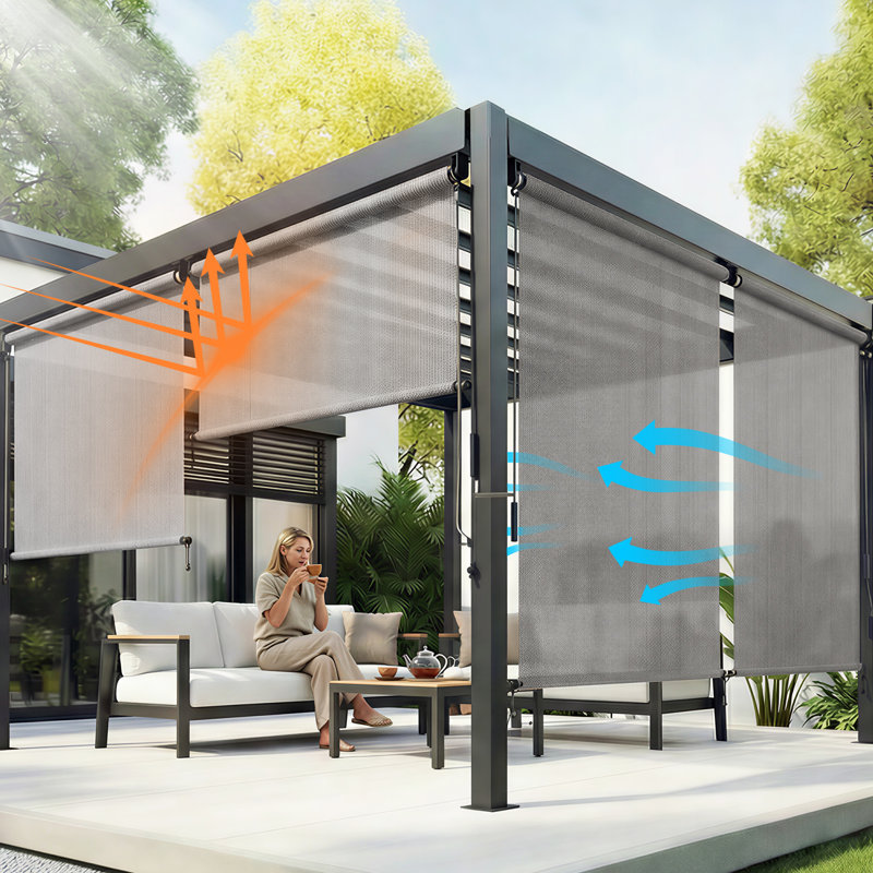 Rideau roulant en tissu PEHD pour patio, L 84 po x L 96 po, Gris