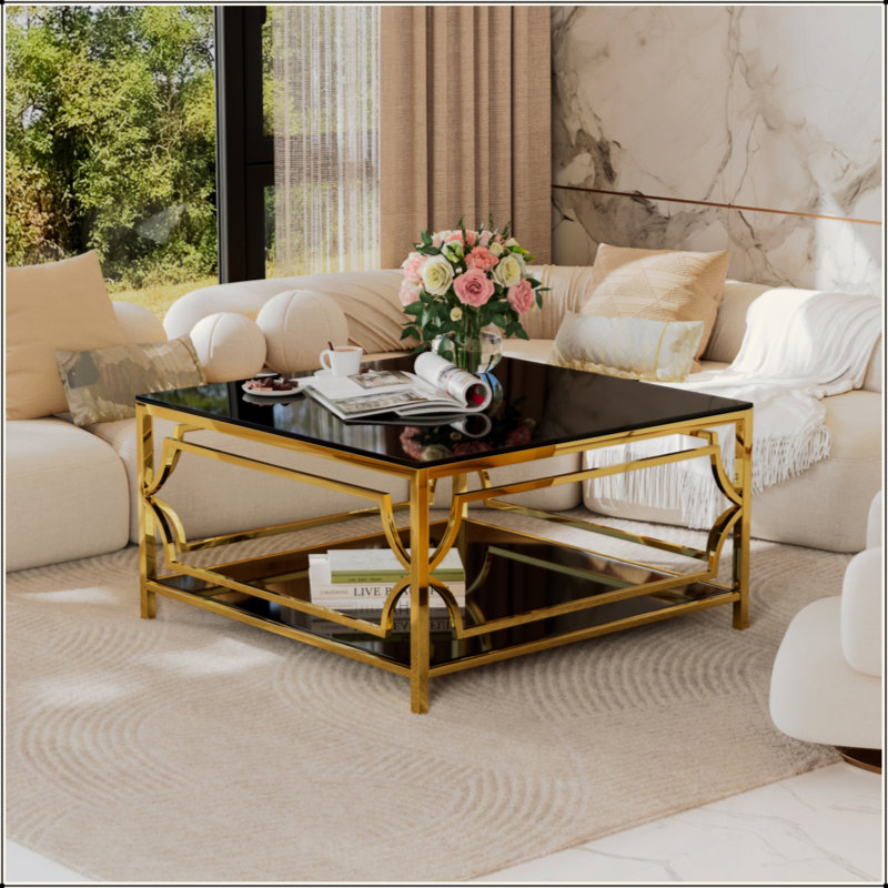 Table basse carrée en verre, cadre géométrique luxueux en métal, tablette inférieure