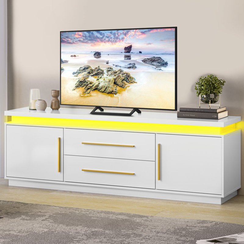 Meuble télé 67 po pour téléviseur de 75 po ou moins Fedra, meuble audio-vidéo moderne avec lumières DEL, mélodie de musique, console média