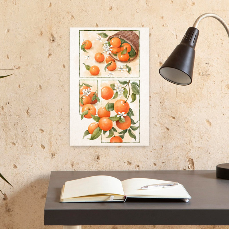Aquarelle, oranges et fleurs, art abstrait contemporain de paysage de fruits, H 18 po x l 12 po