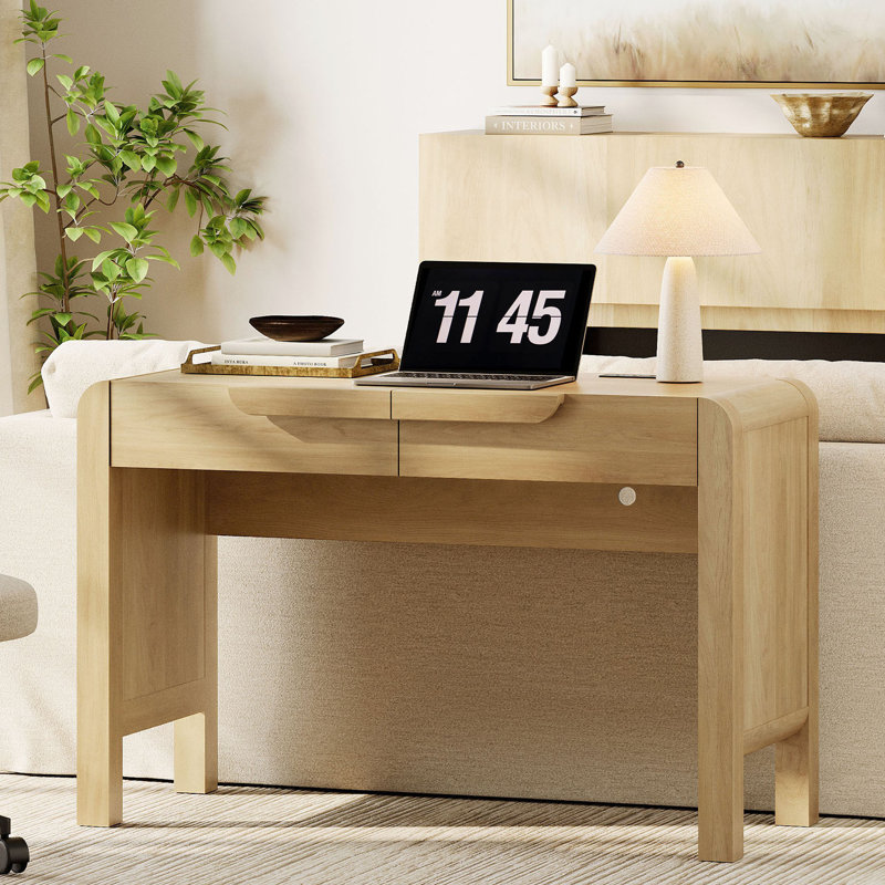 47-Inch Modern Sofa Table, Wood Arched Console Table Behind Couch With Drawers And Charging Station For Entryway, Living Room, Foyer, Hallway, And Office