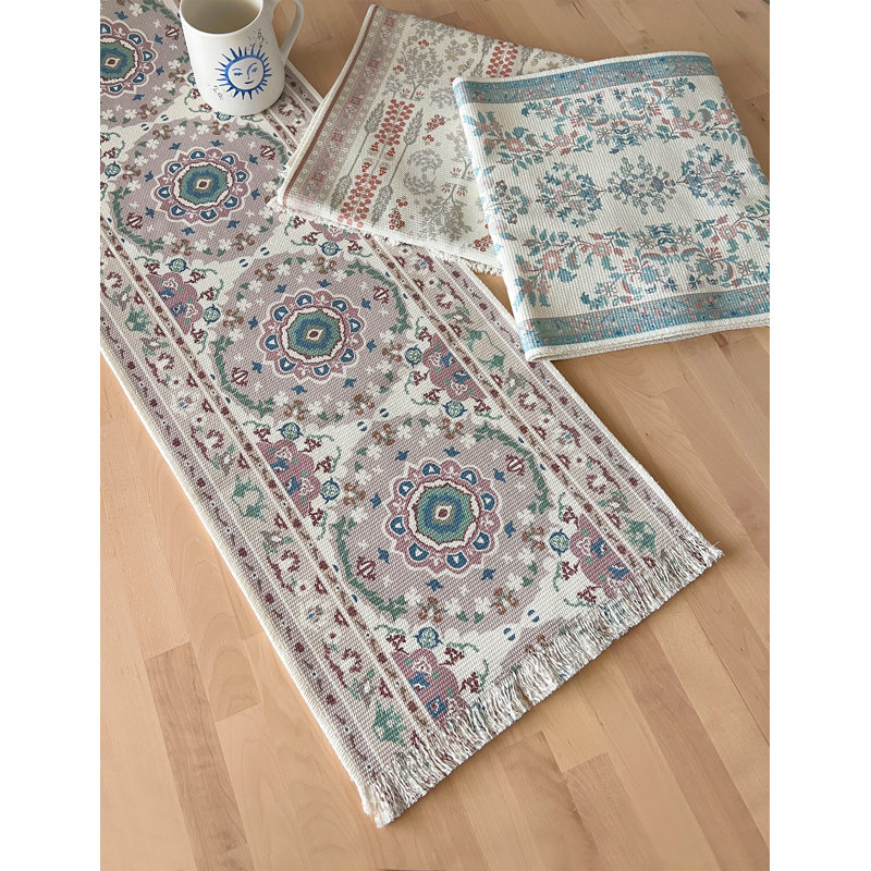 Grey Floral Print Tassel Cotton Blend Unique Botanical Design Table Runner 14" W X 71" L
