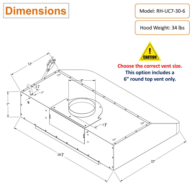 Hotte sous un meuble à conduit 30 pouces avec filtre à chicane et lumière incluse Awoco RH-UC7-30