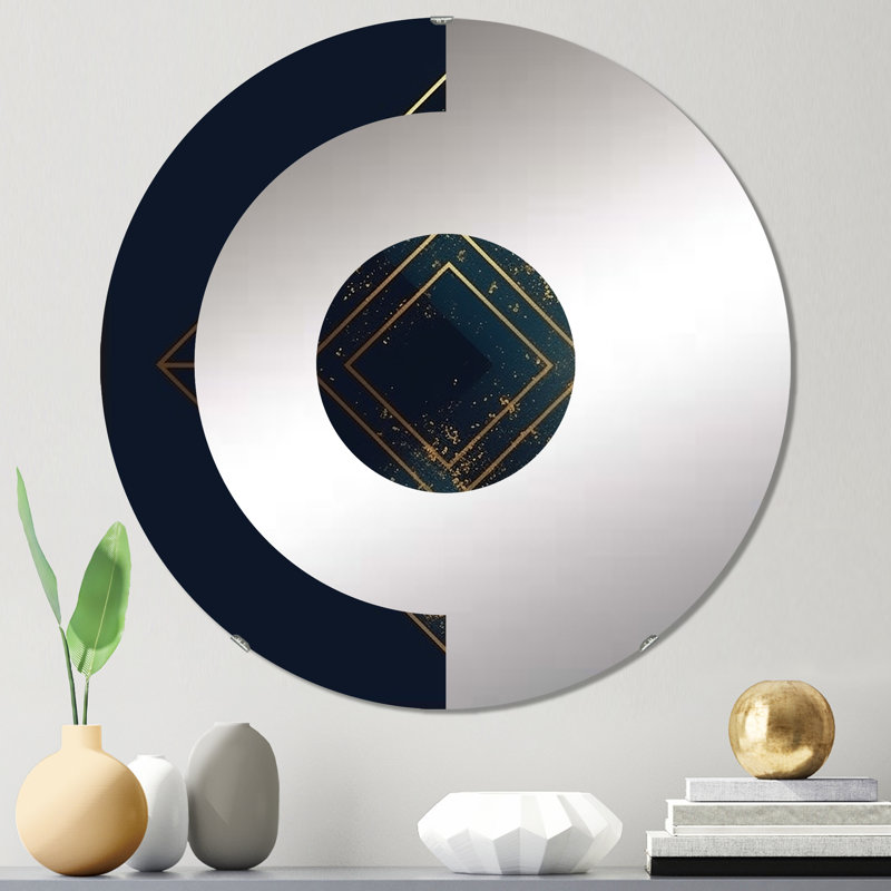 Rhombus en bleu profond et or abstrait V - miroir mural demi-cercle, 31,4 po x 31,4 po