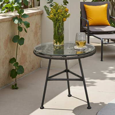 Orlando Outdoor Glass Top Faux Rattan Side Table,Tempered Glass Top End Table For Balcony Porch Deck