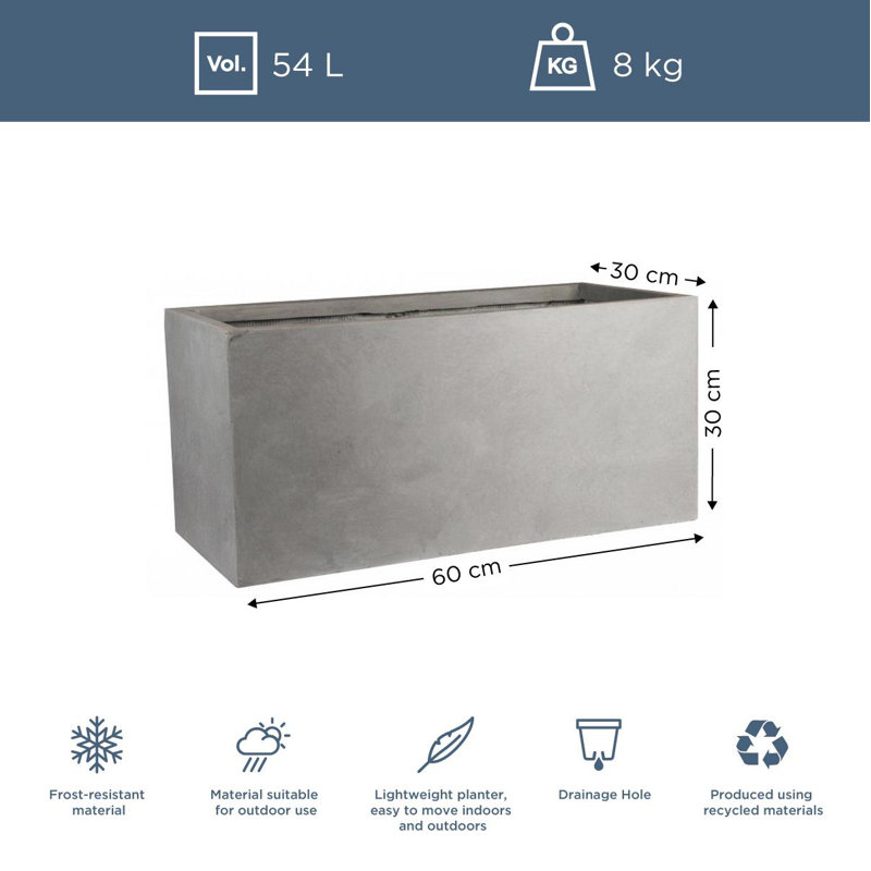 Frostproof, Concrete Effect Garden Planter Pot with Drainage Holes, 30cm H x 60cm W x 30cm D, Grey