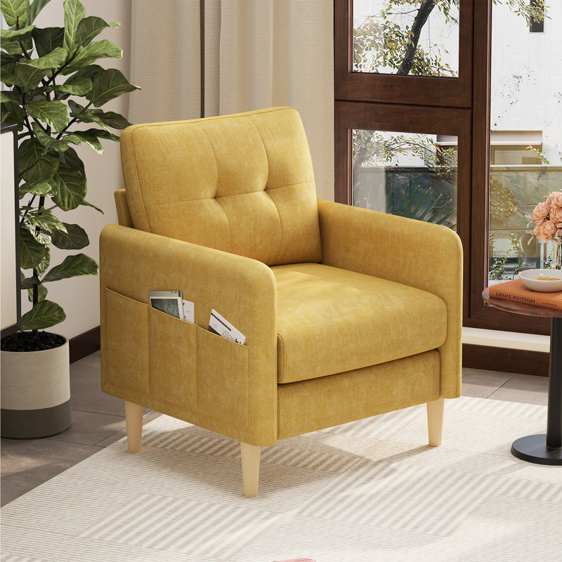 Fauteuil capitonné moderne en chenille avec poches de rangement l 31 po George, Jaune