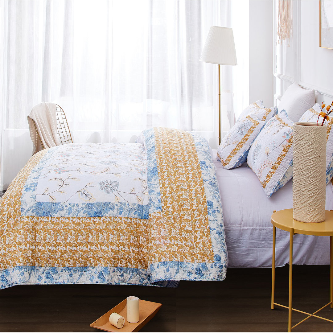  Cotton Floral Embroidery Reversible Quilt Set Tache Home Fashion 