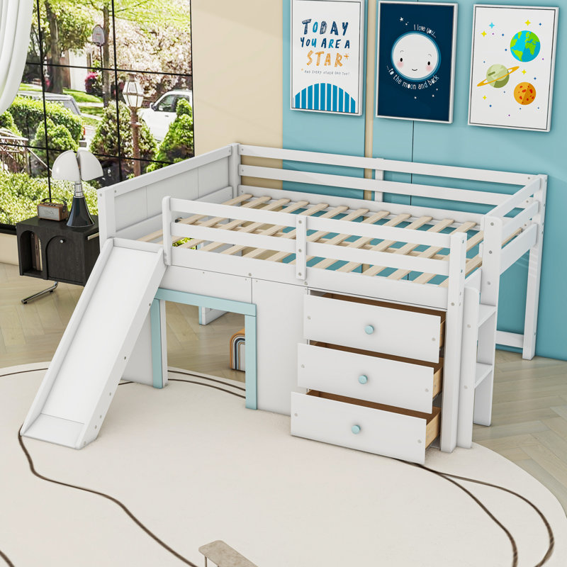 Lit mezzanine double avec glissade et 3 tiroirs