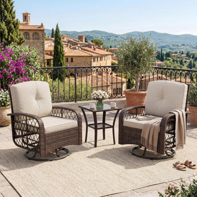 3-Piece Outdoor Patio Furniture Set, Wicker Swivel Rocking Chairs with Thick Cushions and Glass Coffee Table