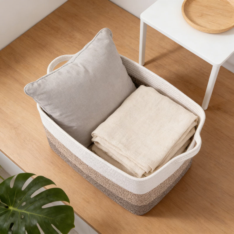Grand panier de rangement tissé avec poignées, organisateur de corde en coton pliable pour couvertures, jouets et décoration intérieure