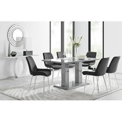Eubanks High Gloss Double Pillar Dining Table Set with 6 Luxury Velvet Upholstered Dining Chairs