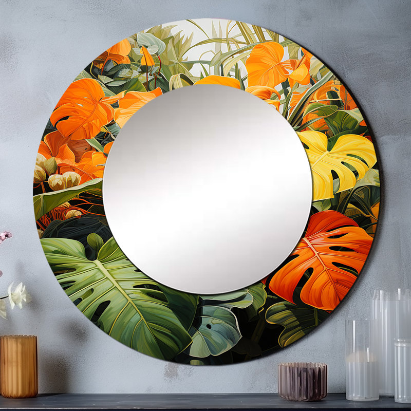 Orange Green Tropical Foliage II - Botanicals Wall Mirror, Orange Round Decorative Mirror, Printed Metal Art, 36" x 36"