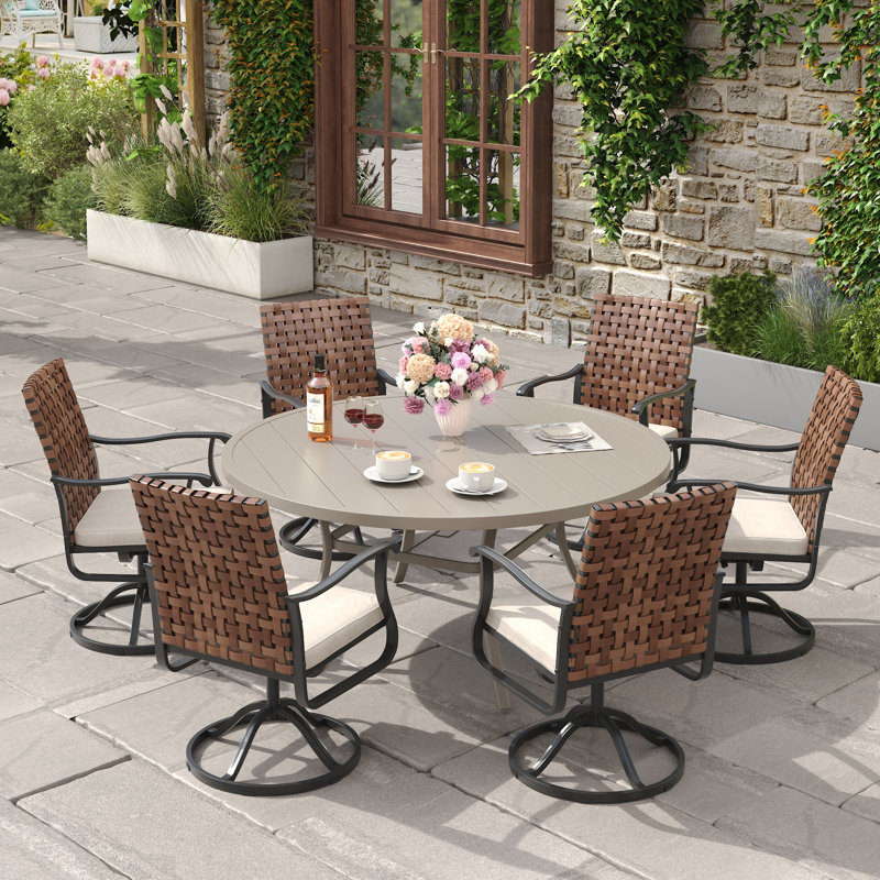 6-Person Outdoor Patio Dining Set With Wicker Swivel Chair, Cream