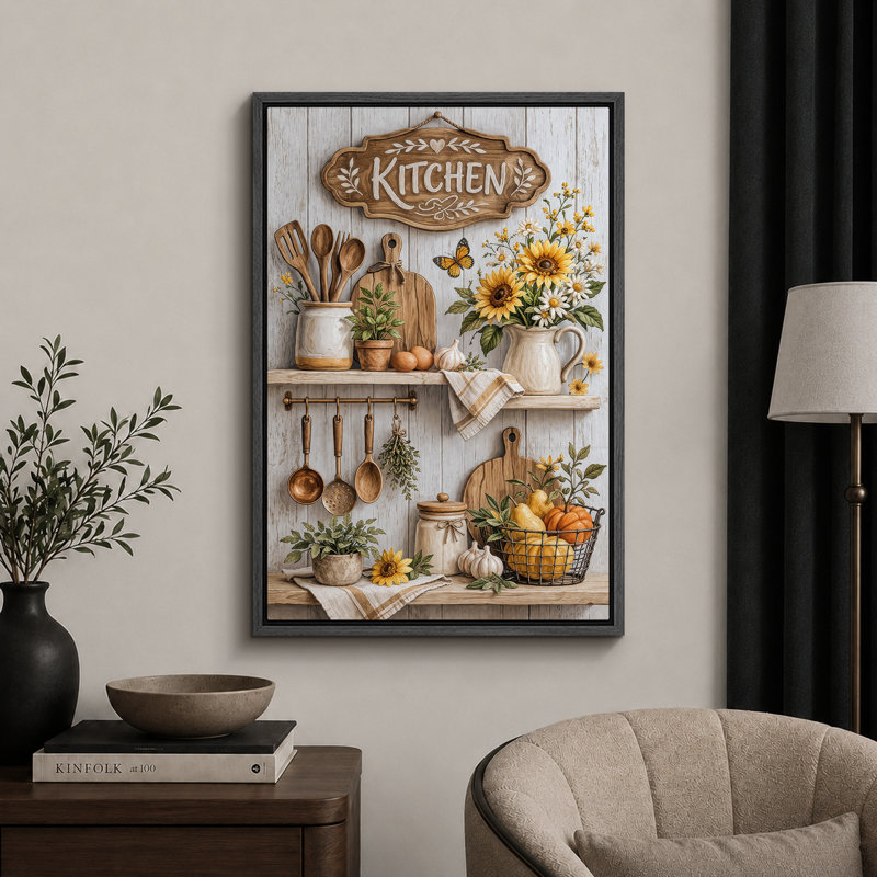 Rustic Kitchen Sunflower Utensils Shelf Artwork, Kitchen Pictures, Framed Canvas Giclee Print Wall Art, Black Frame