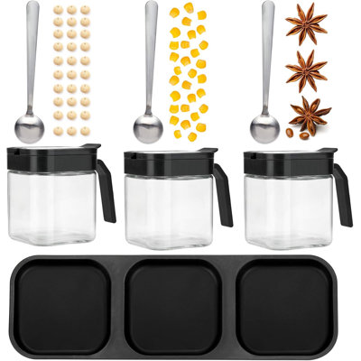 Condiment Jar Spice Container With Lids And Spoons,Clear Glass Condiment Canisters Pots Seasoning Box Salt Container Sugar Bowl Set Of 3 For Kitchen, Counter, Food Storage, Black