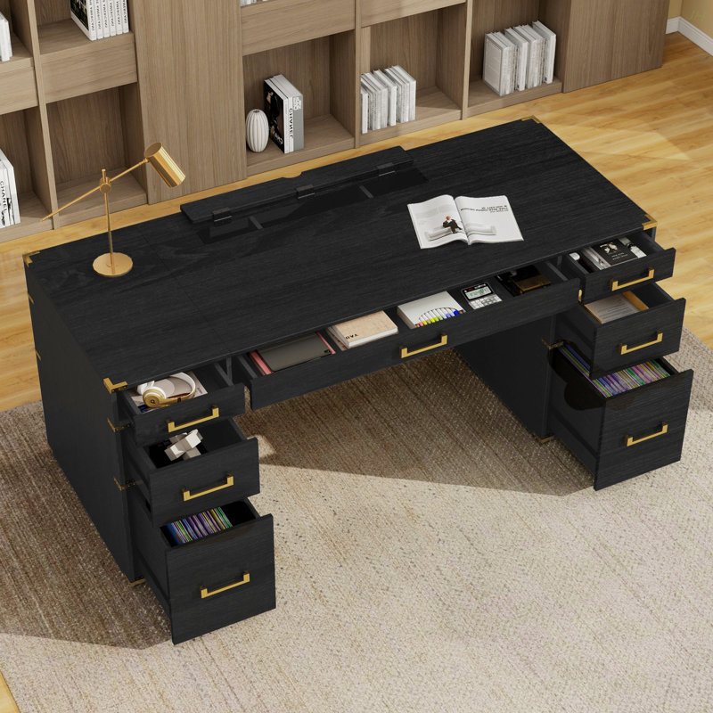 70" Extra-Large Classic And Traditional Executive Desk With Metal Edge Trim ,Writing Desk With 2 File Drawers,USB Ports And Outlets,Desk With Hidden Compartment For Living Room,Home Office,Study Room,