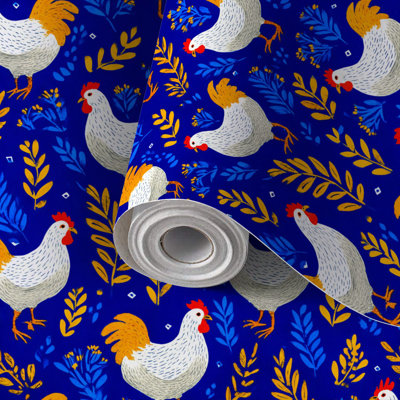 Papier peint auto-adhésif fantaisiste à motif de feuilles de poulet bleues et jaunes avec fleurs blanches autocollantes et amovibles 24 po x 118 po (60 x 300 cm)