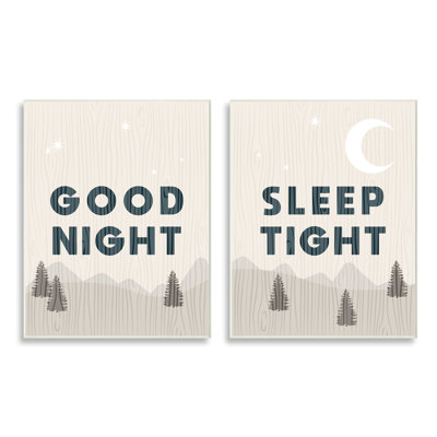 " Good Night Sleep Tight Phrase Nighttime Mountain Landscape Illustration " by Daphne Polselli 2 - Pieces