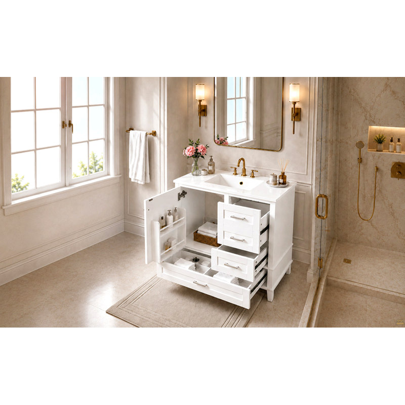 Ensemble de meuble-lavabo moderne 36 po avec ensemble de meuble-lavabo 36 po, armoire de rangement avec 1 porte à fermeture douce et 3 tiroirs à fermeture douce, structure en bois massif (blanc)