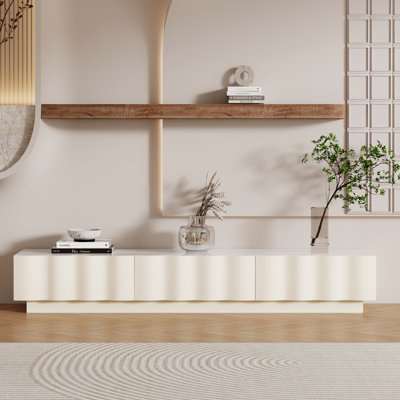 70.87" Modern Cream TV Stands with 3 Drawers, White Media Console with Glossy Sintered Stone Tabletop