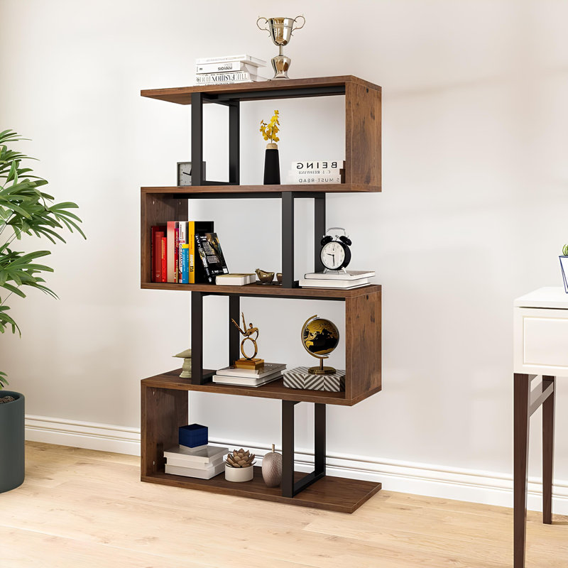 Paravent en bois Nathulal avec tablettes ouvertes pour espaces modernes, Brun